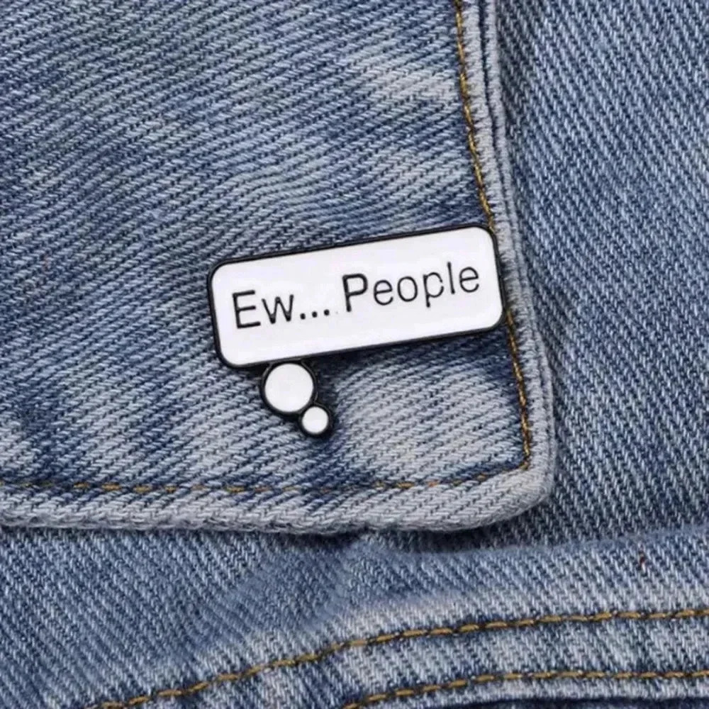 Black white speech text bubble with ew… people enamel pin bag clothes denim hat